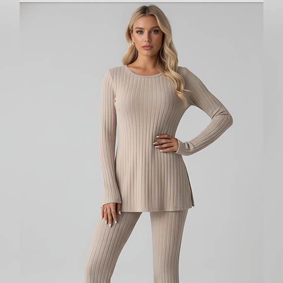 Beige Ribbed Split Hem Tee & Flare Leg Pants - Picture 3 of 9